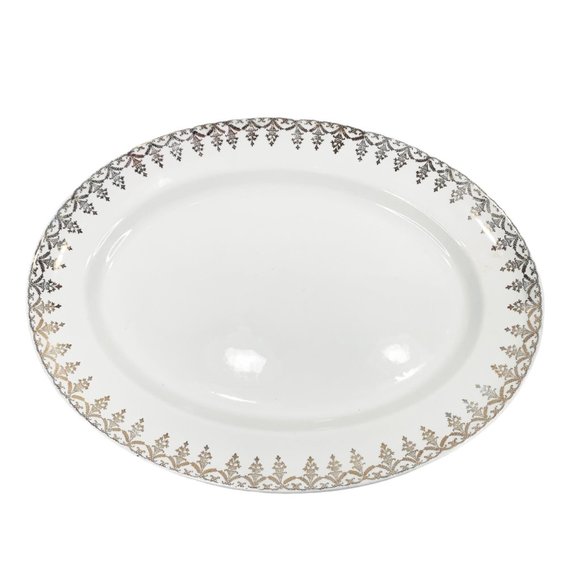 Vintage Oval Serving Platter Plate White Gold Trim Ironstone Farmhouse Cottage - Picture 1 of 8
